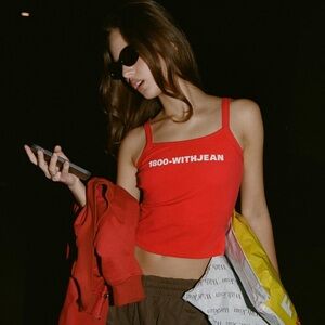 With Jean Red Tank Top "1800-WITHJEAN"